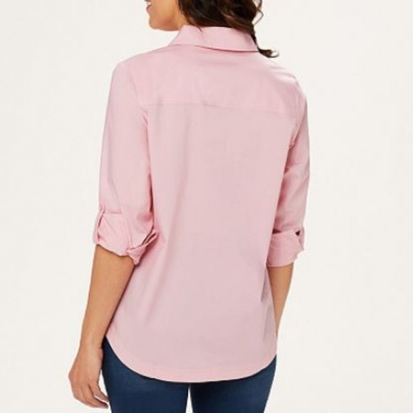 Martha Stewart Stretch Poplin Blouse Split V-Neck - Picture 2 of 2